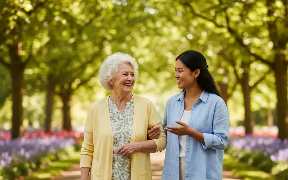 Personne âgée accompagnée lors d'une promenade